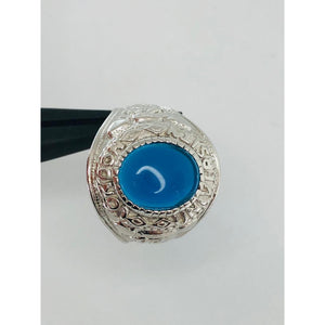 silver gents college ring with blue stone; 8.4g; size R