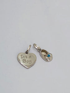 sterling silver It’s A Boy Heart Pendant with shoe charm with blue stone; 3.46g