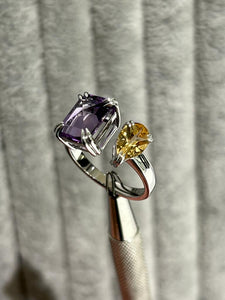 platinum split top ring with amethyst and citrine