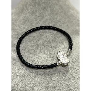 black plated leather bracelet, with silver plated clasp; over 7 inches ; 4.71g