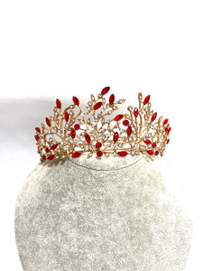 yellow metal tiara with red rhinestones in twig decor