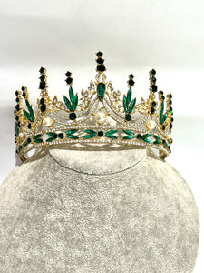 luxury tiara with green and white rhinestones, faux pearls and in gold colour metal
