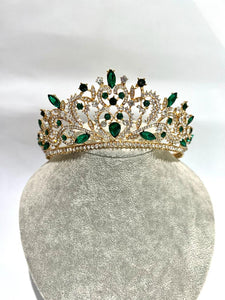 tiara with green and white rhinestones and gold colour metal