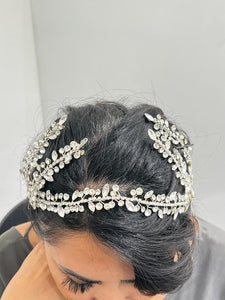 bride hair band with rhinestones and silver colour metal and drop earrings