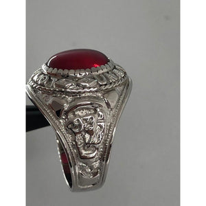 silver gents college ring with red stone; 8.5g; size R