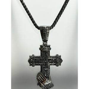 silver with black rhodium - chain with cross; 94.4 g; chain around 35inches, over 3mm in thickness; cross around 5.5cm to 4cm without bail