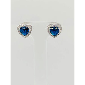 silver blue cz halo heart stud earrings; 1.9g