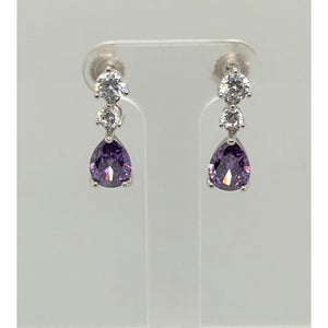 silver clear&amethyst colour cz drop earrings; 3g; 16mm length