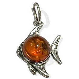 silver pendant in shape of fish with amber cabochon; 1.6g