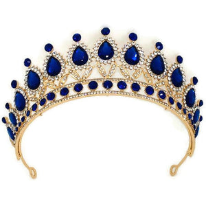 tiara with blue and white rhinestones and yellow metal