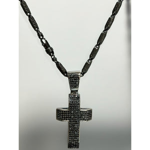 silver with black rhodium - chain with cross; 56.7g; chain around 29inches, over 4mm in thickness; cross around 3.3cm to 5cm without bail
