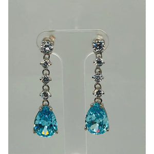 silver clear &aquamarine colours cz long drop earrings; 5.1g;  33mm length